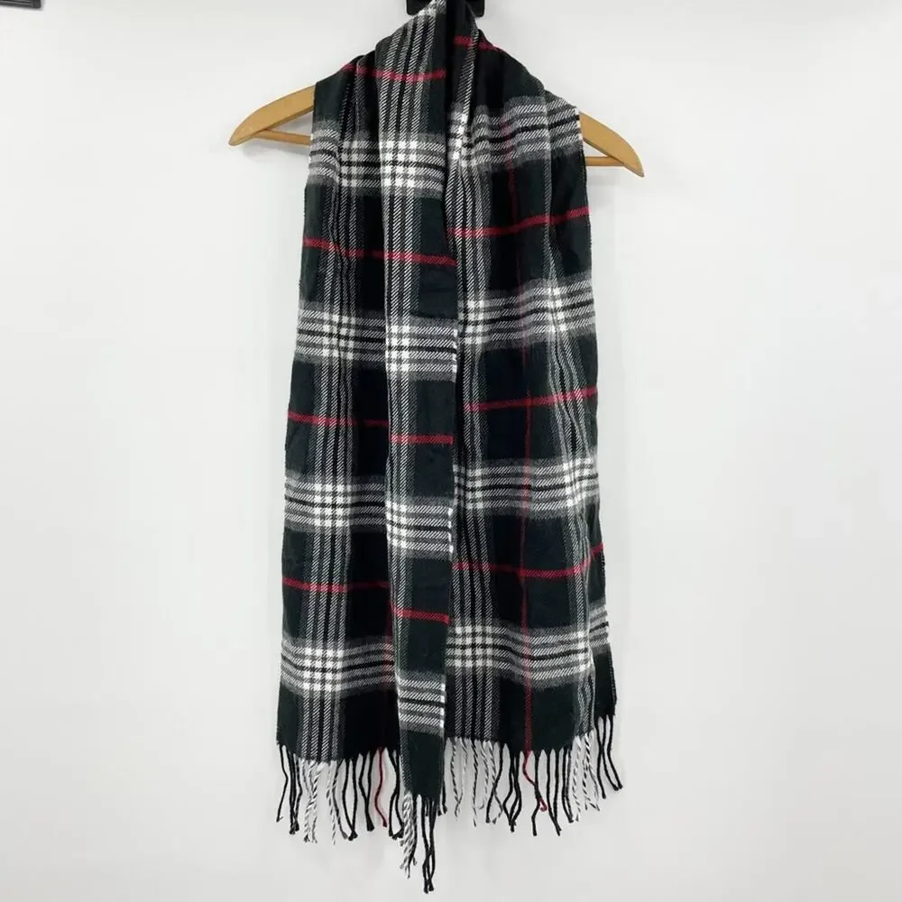 V. Fraas Mens Black plaid scarf fringe Preppy Business Casual Academia Blokecore